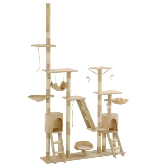 Katzen-Kratzbaum Beige von vidaXL, 230–250 cm, mit Sisal-Kratzsäulen, Höhlen, Hängematten und Leitern