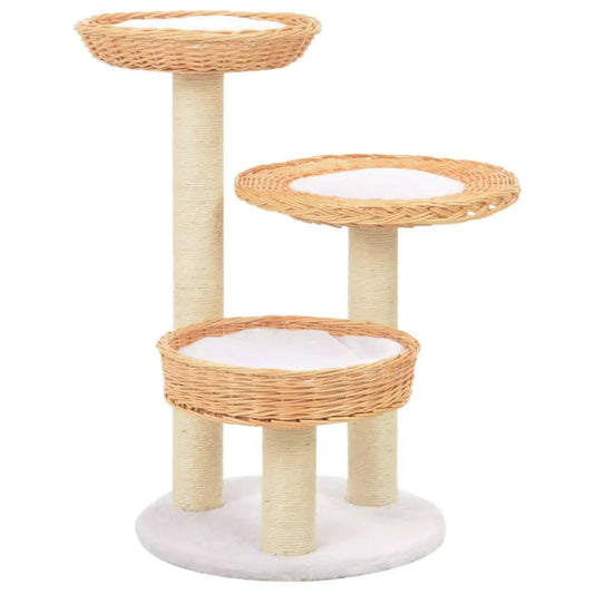 Katzen-Kratzbaum aus Sisal mit natürlichen Weidenholzplattformen; dreistöckiger Kratzbaum von vidaXL