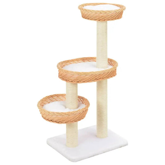 Katzen-Kratzbaum aus Sisal und natürlichem Weidenholz, 3-stufig mit weißen Kissen von vidaXL