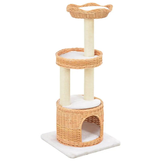 vidaXL Katzen-Kratzbaum aus Sisal und natürlichem Weidenholz, dreistöckiger Kratzbaum mit Höhle und Plattformen