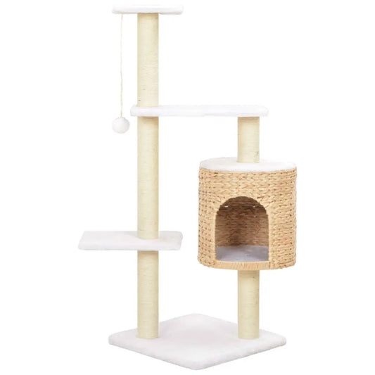 Katzen-Kratzbaum mit Sisal-Seilen, weißen Plattformen und Seegras-Höhle