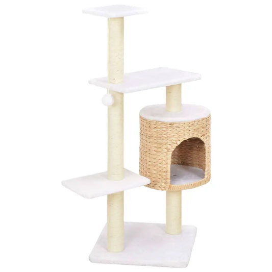 Katzen-Kratzbaum aus Sisal/Seegras mit weißen Plattformen und integrierter Seegras-Höhle