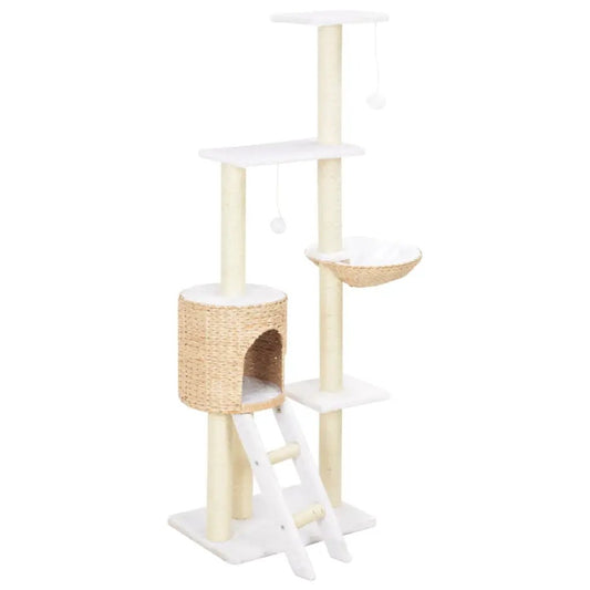 Katzen-Kratzbaum Sisal Seegras – vidaXL, mehrstöckiger Kratzbaum mit Sisalstämmen, Weidenkorb-Höhle und weißen Plattformen