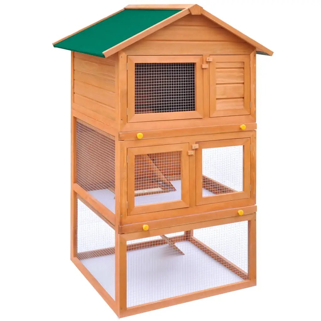 Kaninchenstall 3 Ebenen aus Holz mit grünem Dach und Drahtgitter