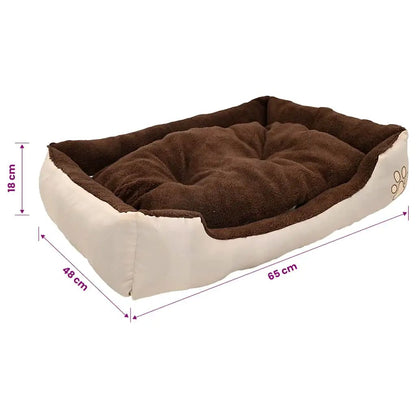 vidaXL Warmes Hundebett M mit Polsterkissen, braunem Innenstoff und beigem Außenbezug, Maße 65×48×18 cm