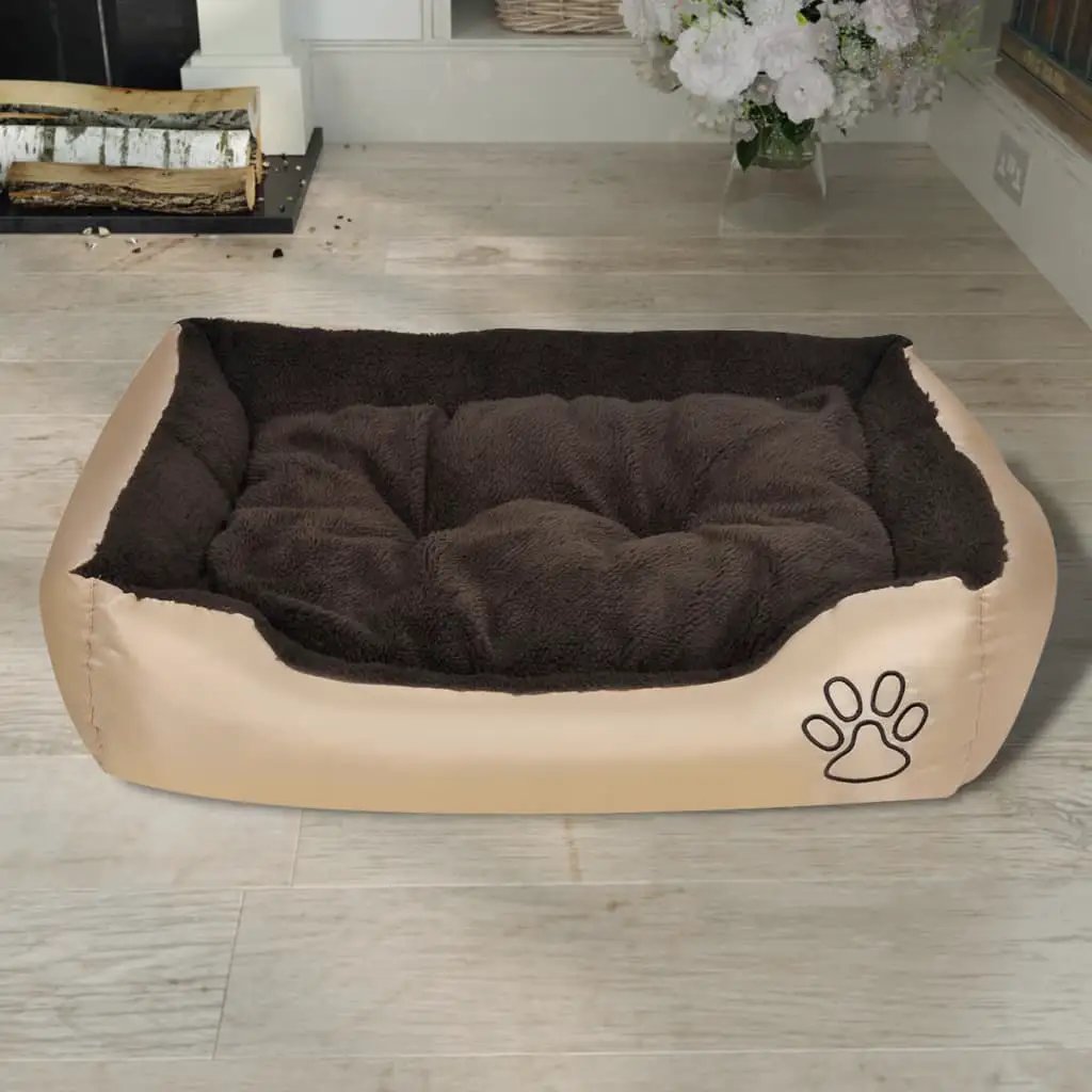 Hundebett XL mit beigem Außenbezug und dunklem Polsterkissen, Pfotenlogo sichtbar