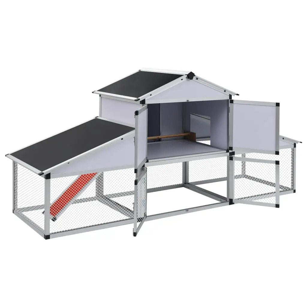 Hühnerstall mit Freilaufgehege und Nistkasten aus Aluminium, silberner Rahmen