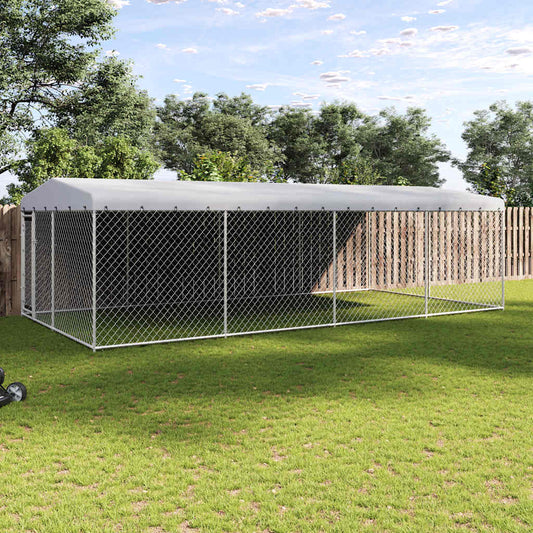 Outdoor dog kennel with roof, vidaXL, silver metal chain-link fence, 7.6 x 3.8 x 2.3 m