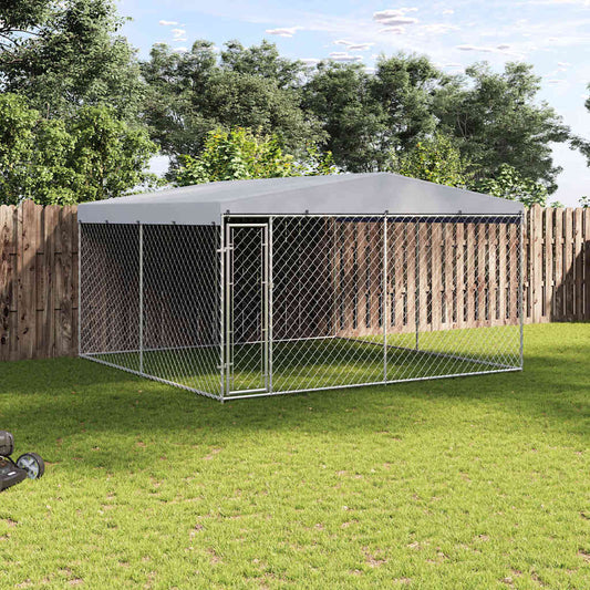 Outdoor-Hundezwinger mit Überdachung von vidaXL, 382x382x225 cm, Stahl-Gitterkonstruktion