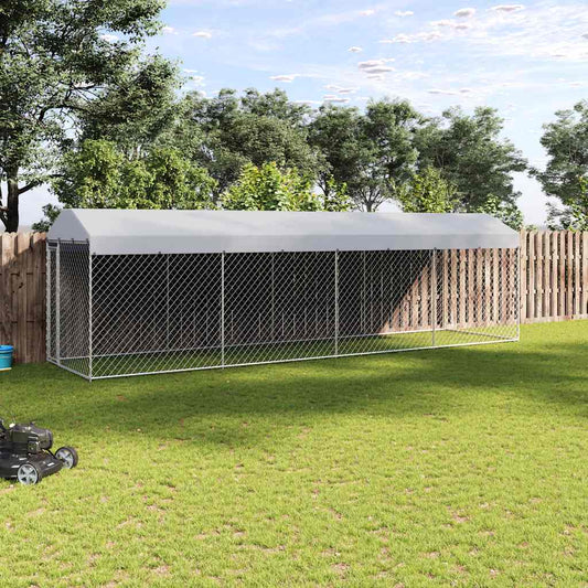 Outdoor-Hundezwinger mit Überdachung 760x190x225 cm von vidaXL, Stahlrahmen, Kettenzaun, weißes Dach