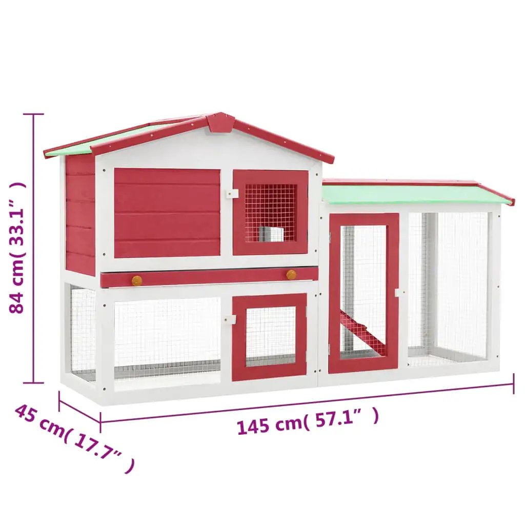 Kaninchenstall vidaXL, rot-weißes Holzgehege mit Stall- und Laufbereich, idealer Kleintier-Lebensraum, 145x45x84 cm