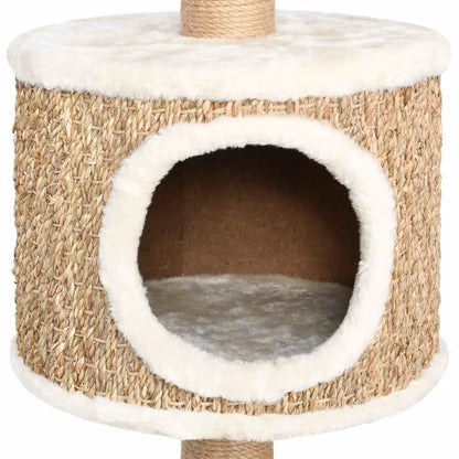 Katzen-Kratzbaum 123 cm Seegras von vidaXL - runder Eingang, gewebtes Seegras, weißer Plüschrand