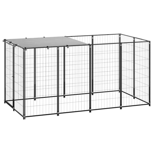 Hundezwinger aus Stahl, schwarz, 2,42 m², modularer Auslauf mit Dachteil