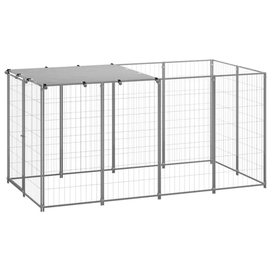vidaXL Hundezwinger Silbern aus Stahl, 2,42 m², modulares Gehege mit Drahtgitter und Dachteil