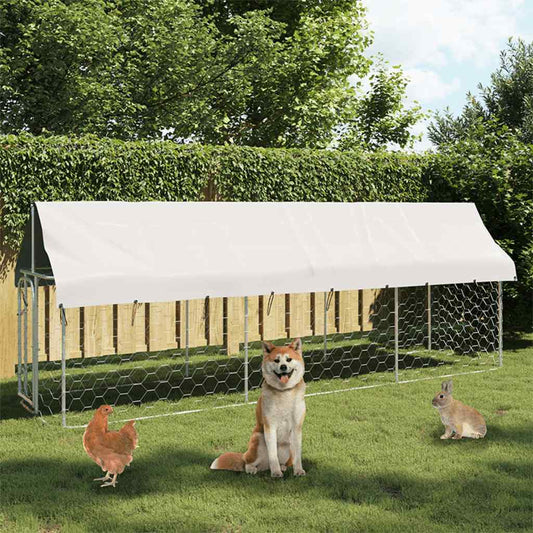 vidaXL Outdoor dog kennel with roof 400x100x150 cm, white canopy over metal frame