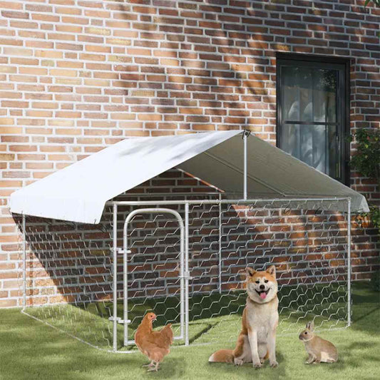 vidaXL Outdoor-Hundezwinger mit Dach 200x200x150 cm, Metallkonstruktion im Garten mit Hund, Huhn und Kaninchen