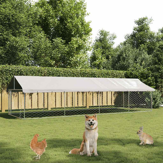 vidaXL Outdoor-Hundezwinger mit Dach 600x200x150 cm, 1 Hund, 1 Huhn, 1 Kaninchen im Garten