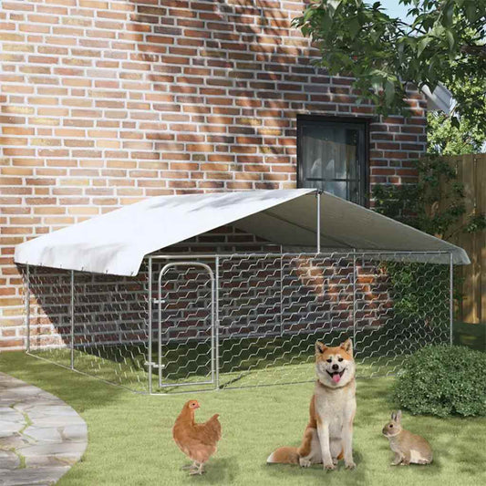 Outdoor-Hundezwinger mit silbernem Metallrahmen und Dach, 300x300x150 cm, Garten mit Hund, Huhn und Kaninchen
