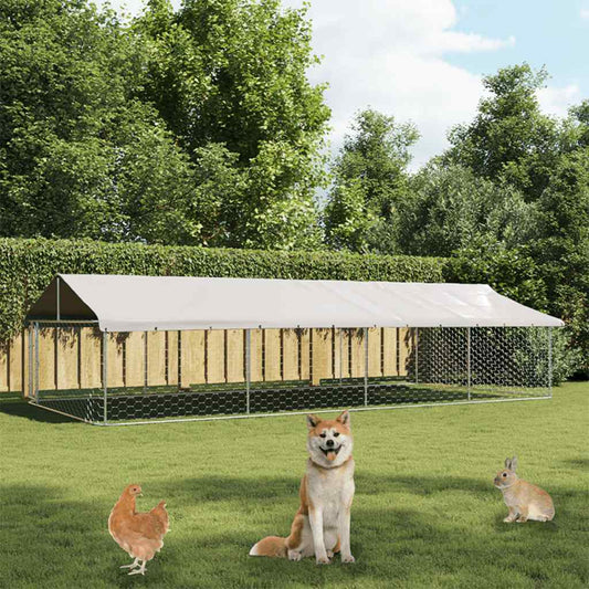 Outdoor-Hundezwinger mit Dach 600x300x150 cm, Metallrahmen und Drahtgehege, weißes Dach