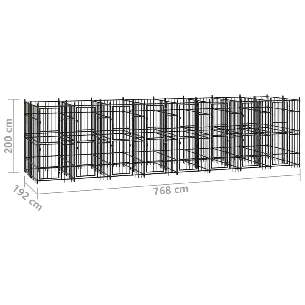 Outdoor steel dog kennel run with multiple connected sections in black metal, 14.75 m².