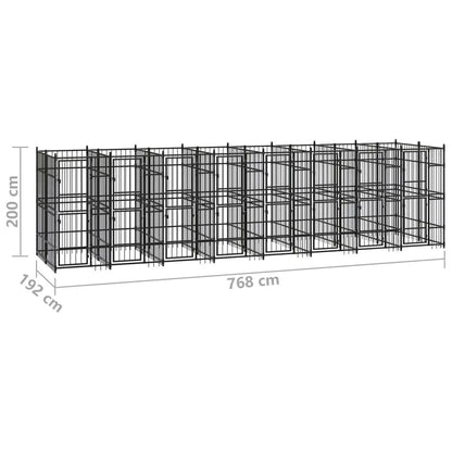Outdoor steel dog kennel run with multiple connected sections in black metal, 14.75 m².
