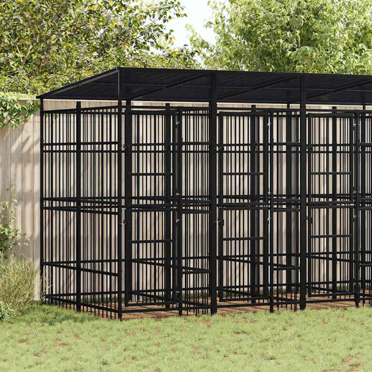 Outdoor-Hundezwinger aus schwarzem Stahl mit Dach, 9,22 m², mehrteilige Zwingeranlage