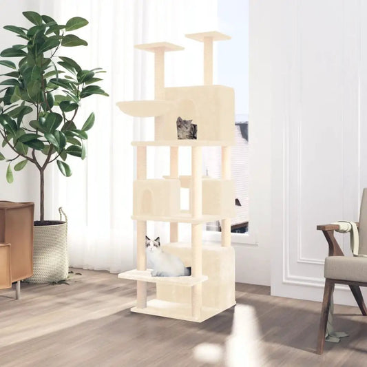 Kratzbaum Creme 180 cm mit Sisal-Kratzsäulen, mehrstufiger Katzenbaum mit Plattformen
