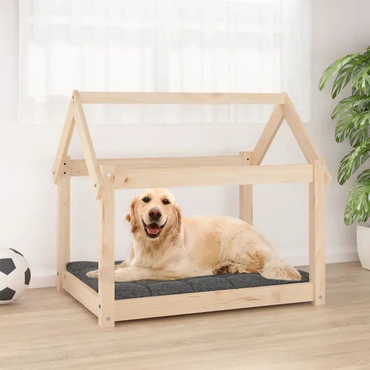 Hundebett aus Massivholz Kiefer in hellem Naturholz, mit dunkler Polsterung.