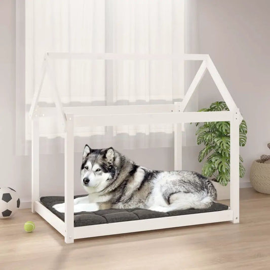 Hundebett Weiß 111x80x100 cm aus Massivholz Kiefer mit grauer Polsterung