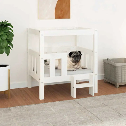 Hundebett Weiß aus Massivholz Kiefer, 65,5x50,5x70 cm, mit integrierter Treppe