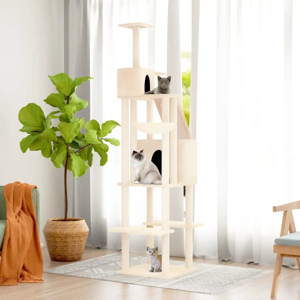 Kratzbaum Creme 201 cm von vidaXL mit Sisal-Kratzsäulen - mehrstöckiger Katzenbaum