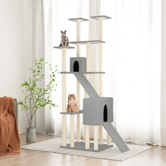 Kratzbaum Hellgrau 190 cm mit Sisal-Kratzsäulen, Höhle und Rampe, vidaXL