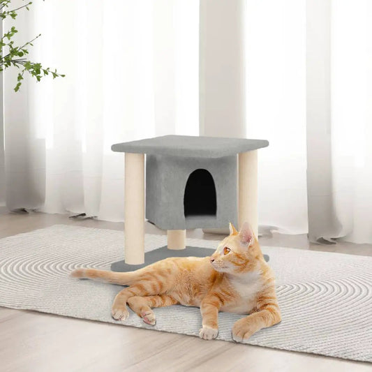 Kratzbaum mit Sisal-Kratzsäulen Hellgrau 37 cm von vidaXL; graues Katzenhaus mit zwei Säulen, Katze davor