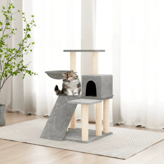 Kratzbaum mit Sisal-Kratzsäulen, hellgrau, 82 cm, mit Höhle, Plattform und Rampe.