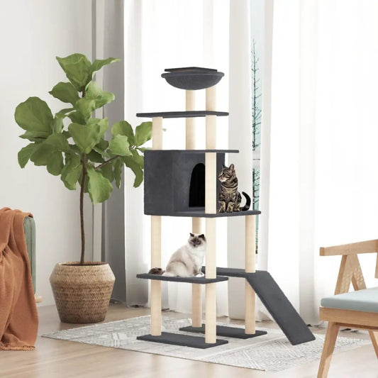 Kratzbaum vidaXL mit Sisal-Säulen, dunkelgrau, 166 cm, mehrstöckig mit Höhle, Rampe und Plattformen