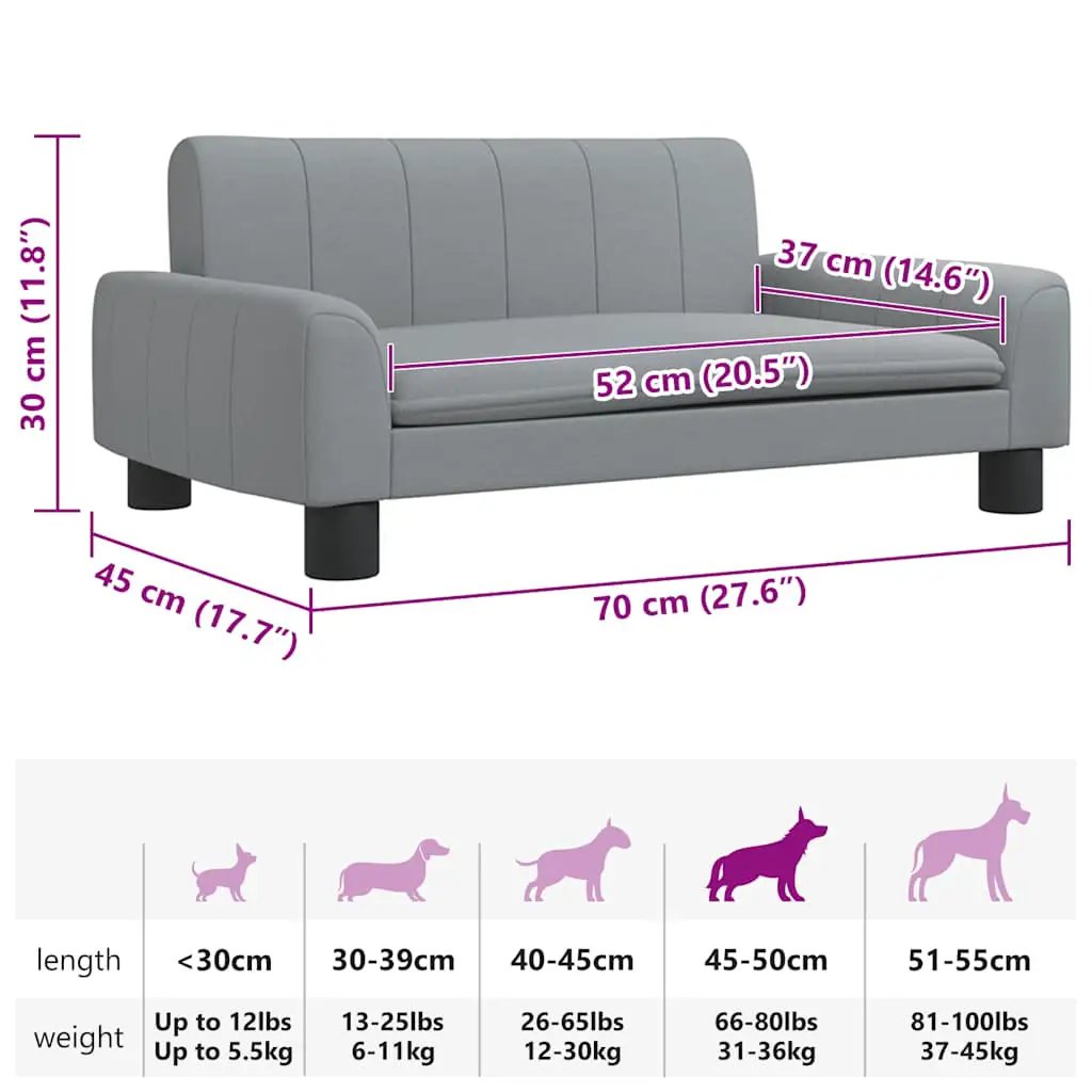 Hundebett Hellgrau aus Stoff, 70x45x30 cm, mit schwarzen Beinen