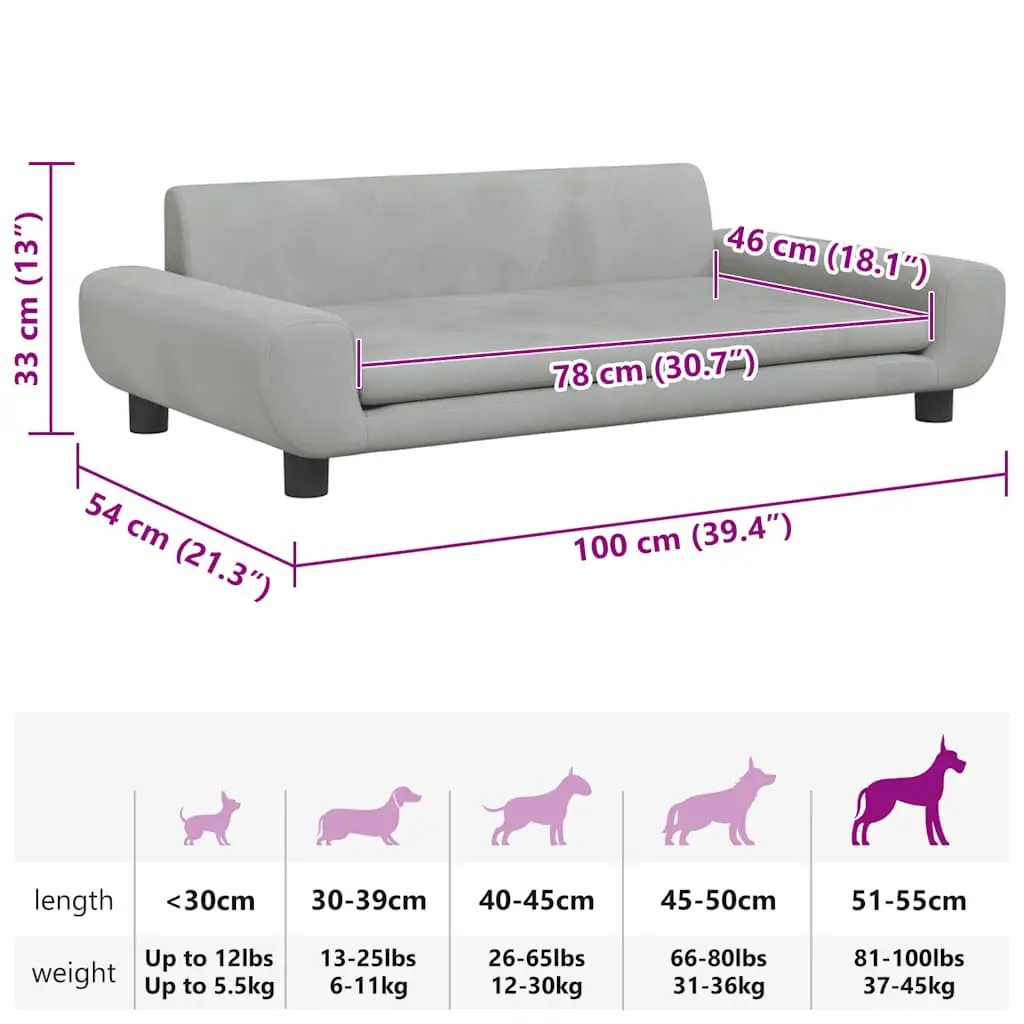 Hundebett Hellgrau Samt 100x54x33 cm, mit kurzen schwarzen Füßen, vidaXL