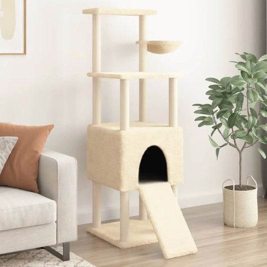 Kratzbaum Creme 153 cm mit Sisal-Kratzsäulen, mehrstöckiger Katzenbaum