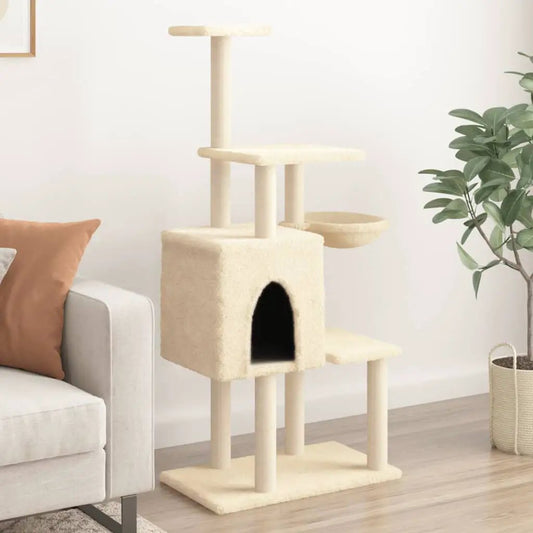 Kratzbaum creme 131 cm mit Sisal-Kratzsäulen, Höhle und mehreren Plattformen, vidaXL