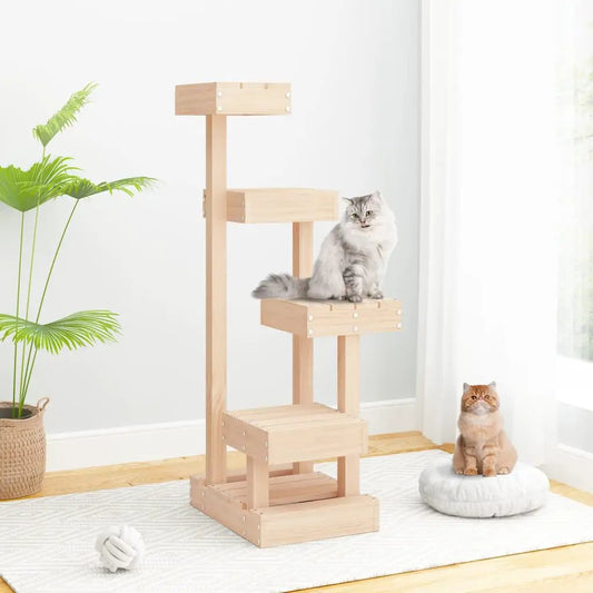 Kratzbaum vidaXL aus Massivholz Kiefer, Naturholz, mit mehreren Plattformen; zwei Katzen darauf