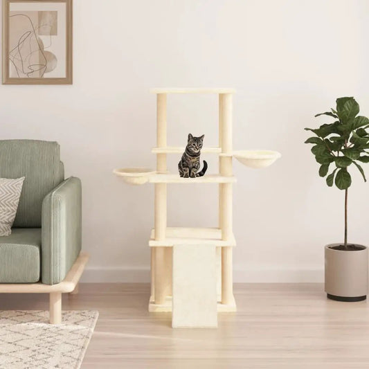 Kratzbaum Creme 133 cm von vidaXL mit Sisal-Kratzsäulen und mehrstufigen Plattformen, Katze sitzt darauf
