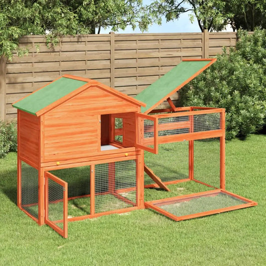Kaninchenstall vidaXL Braun 185,5x60,5x109,5 cm Massivholz Kiefer mit grünem Dach und Drahtgehege für Kleintiere