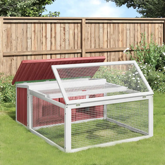 Kaninchenstall Mokka aus Massivholz Kiefer, 117,5x97x47,5 cm, weißer Rahmen, roter Dach, Drahtgitterfront