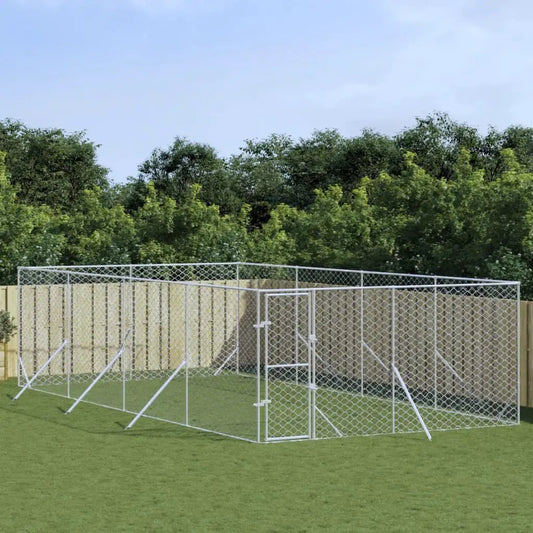 Outdoor-Hundezwinger aus verzinktem Stahl, silbern, 4x8x2 m, mit Tür