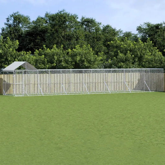 Outdoor-Hundezwinger mit Dach, silbernes verzinktes Stahlgestell, 14x2x2,5 m