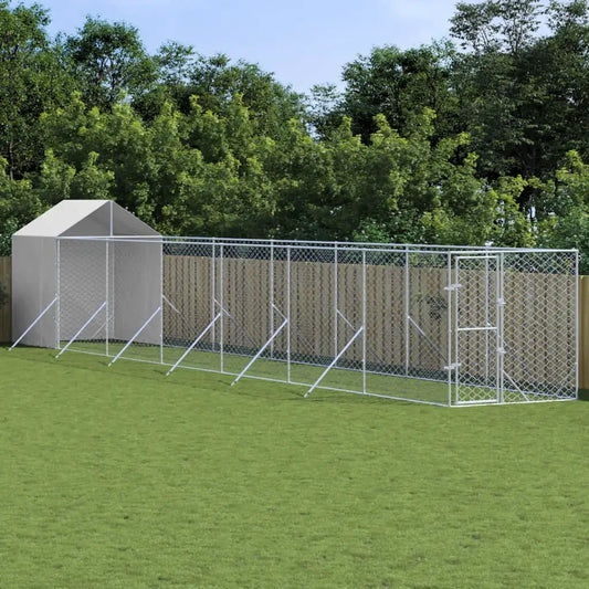 vidaXL Outdoor-Hundezwinger mit Dach, silbern, Stahl verzinkt, 2x14x2,5 m