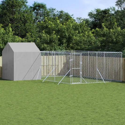 Outdoor-Hundezwinger mit Dach aus verzinktem Stahl, silbern, 6x6x2,5 m – 2-teiliges Set