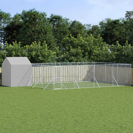 Hundezwinger mit Dach aus verzinktem Stahl, silberner Zaun, 10×6×2,5 m – Outdoor-Hundezwinger