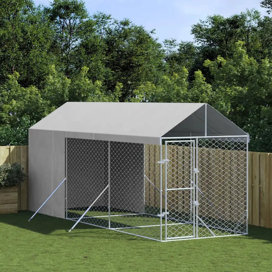 vidaXL Outdoor-Hundezwinger mit Dach silbern, verzinkter Stahlrahmen, Kettenzaun, 2x6x2,5 m im Gartenbereich