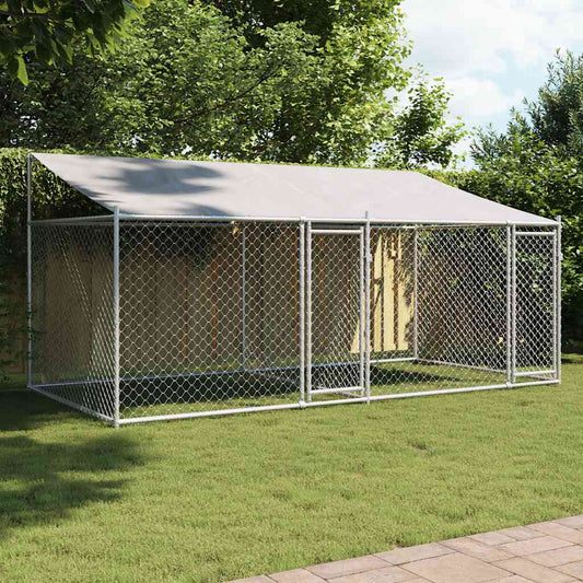 Hundezwinger mit Dach und Türen, grau, verzinkter Stahl, 4x2x2 m, vidaXL.
